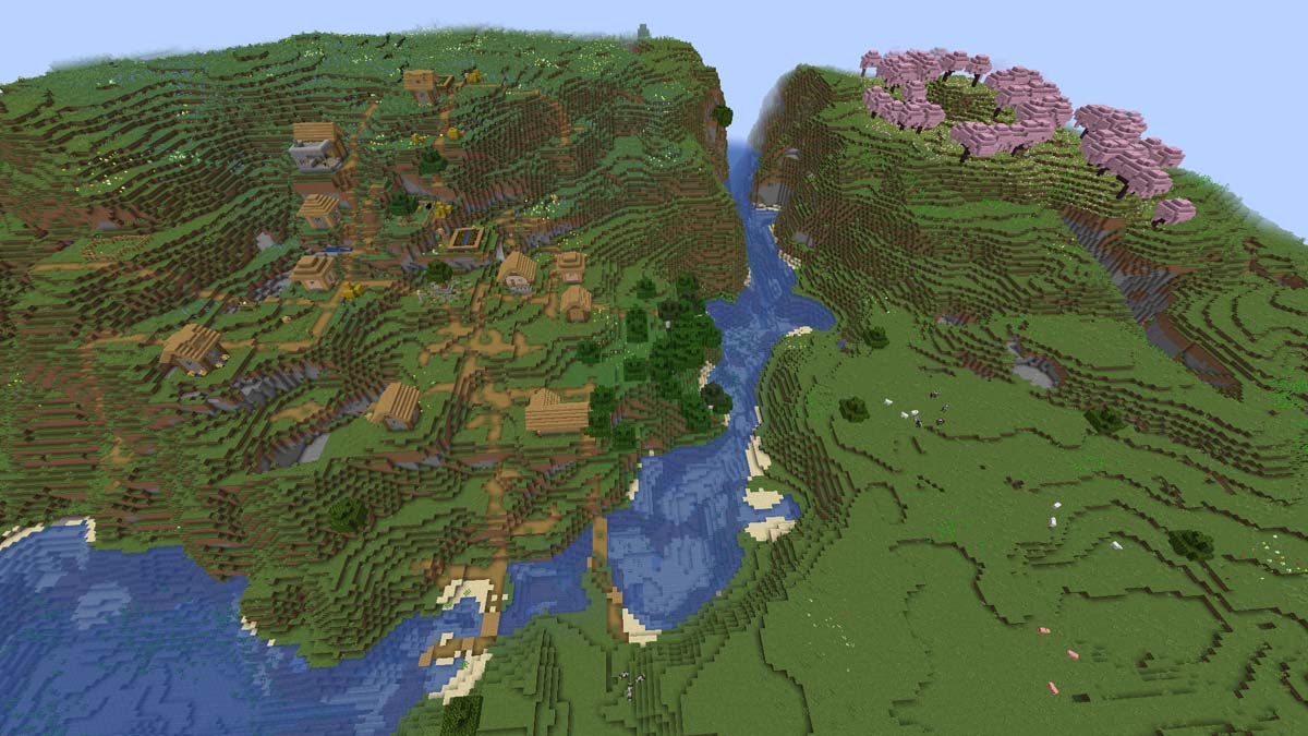 Village avec forgeron près des cerisiers dans Minecraft