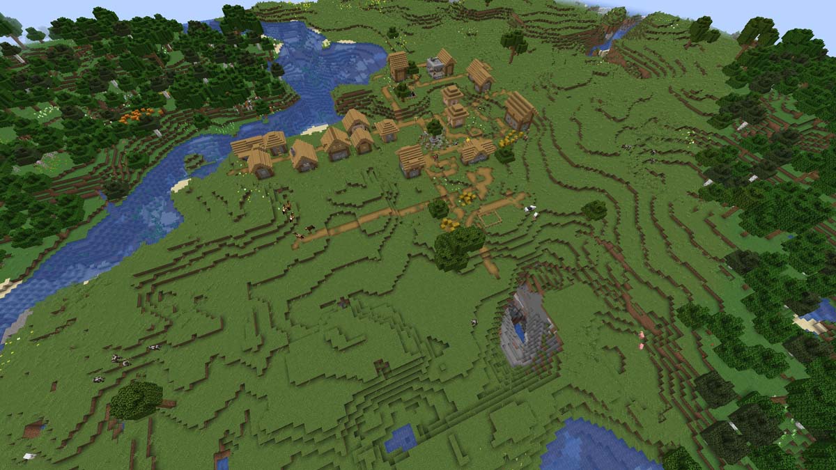 Village avec accès au puits de mine dans Minecraft