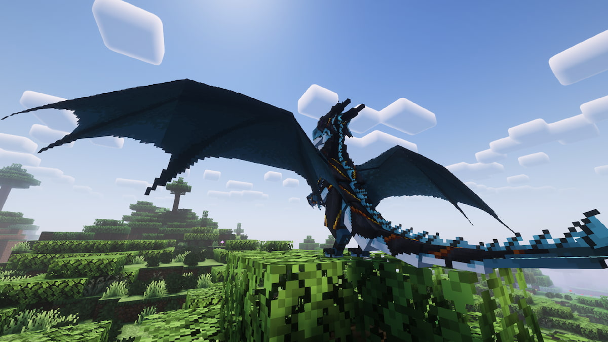 dragon sur un arbre avec des ailes déployées dans Minecraft
