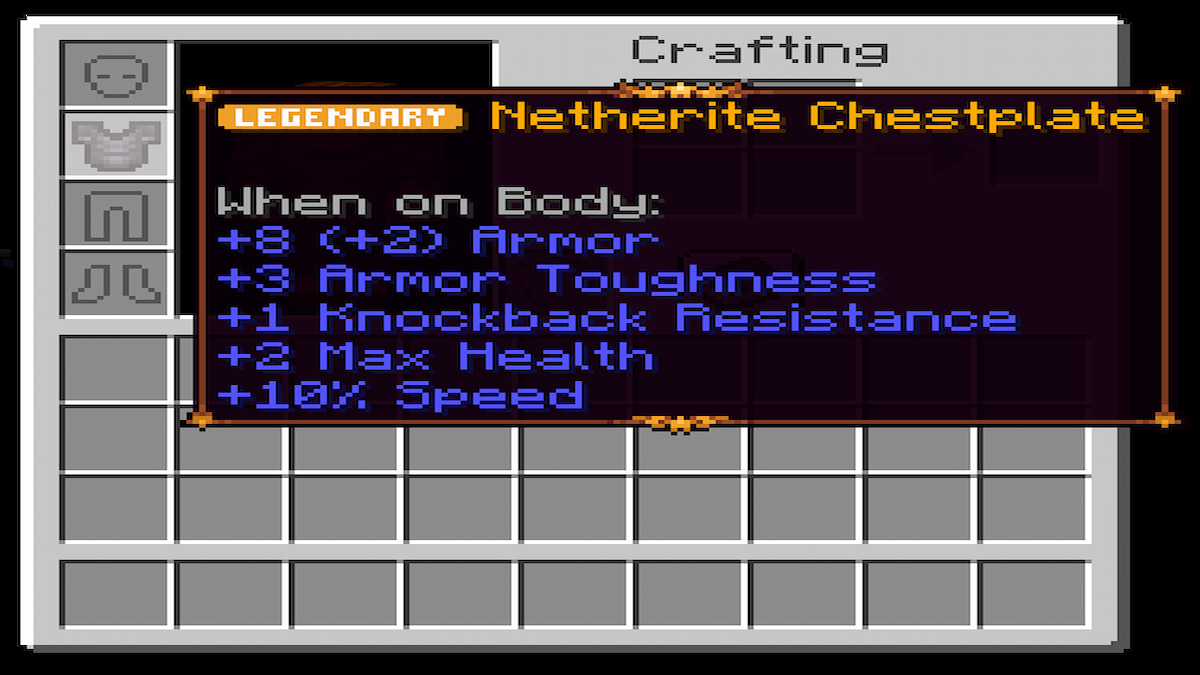 Le menu de fabrication du mod Tierify Minecraft, mettant en évidence une pièce d'armure légendaire.