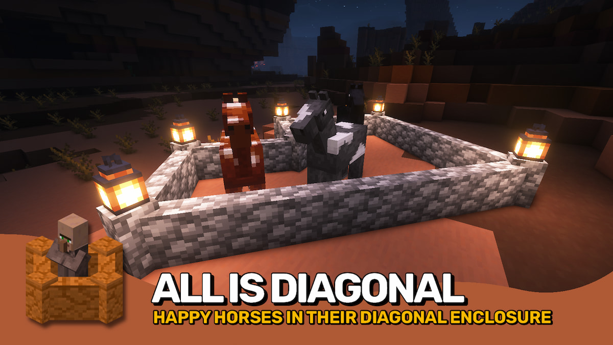 Présentation du mod Diagonal Walls Minecraft avec un stylo fabriqué par un joueur contenant trois chevaux.
