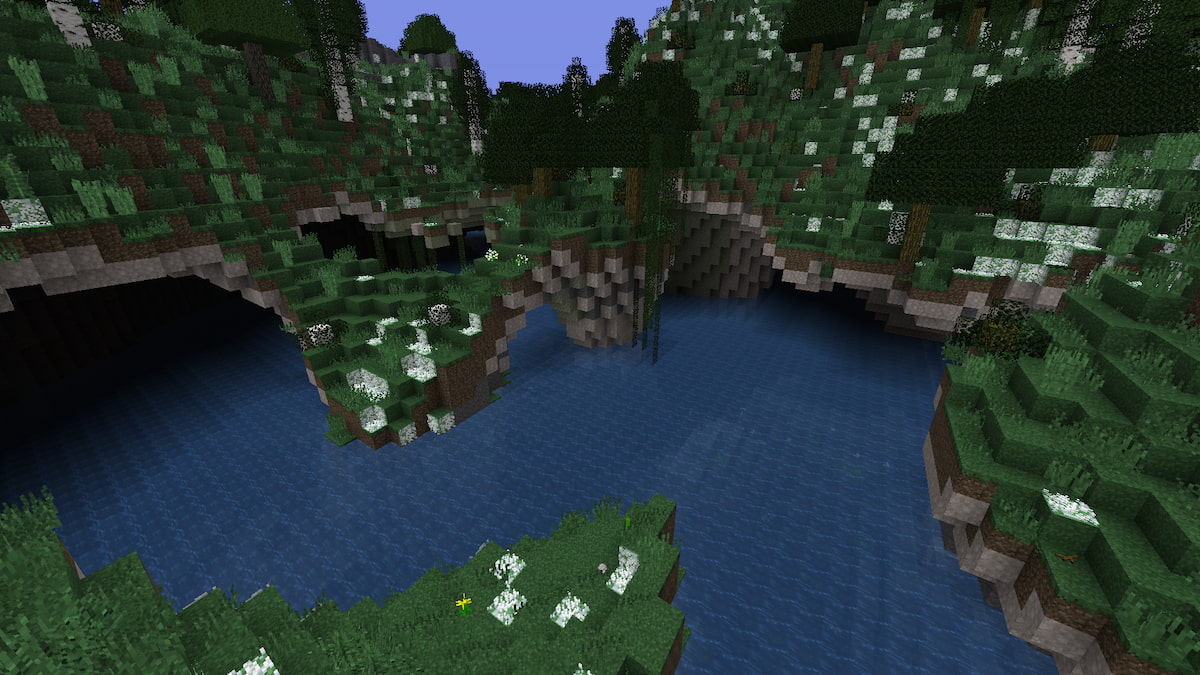 système de caverne au-dessus d'un lac dans Minecraft
