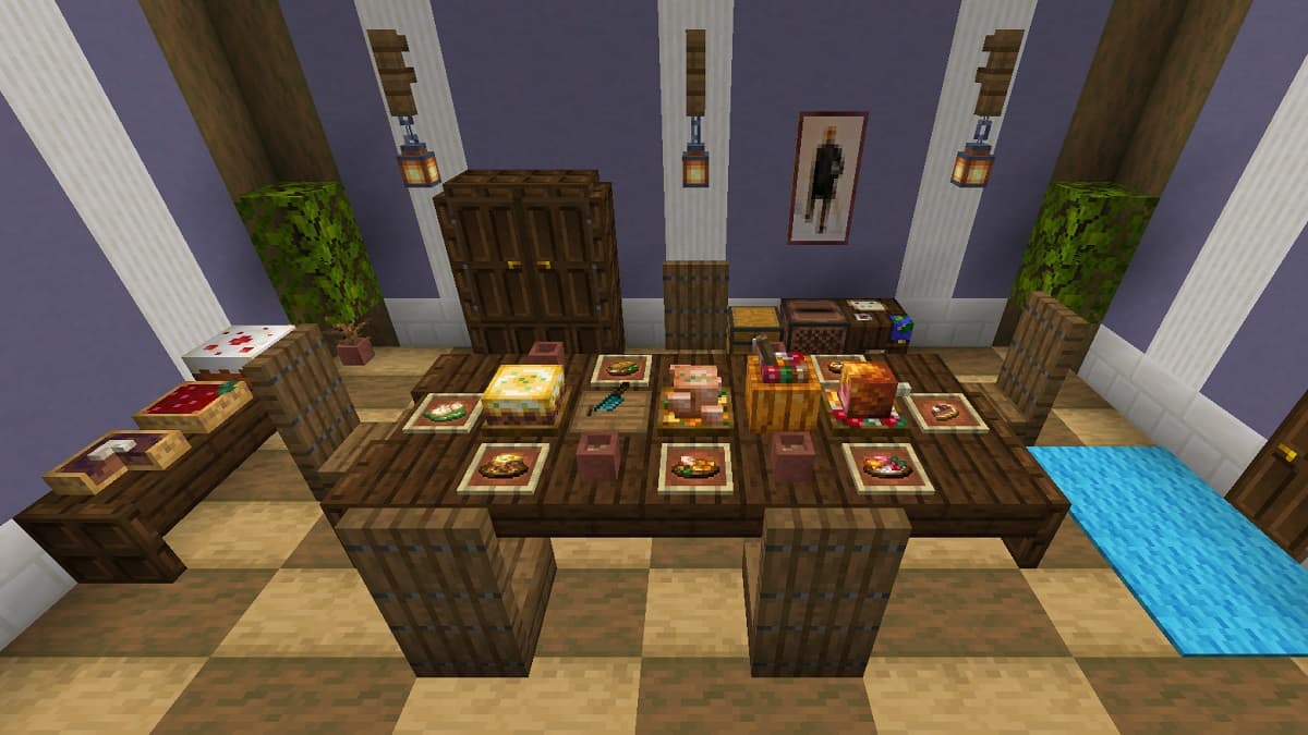 Table à manger pleine de nourriture du mod Farmer's Delight Minecraft