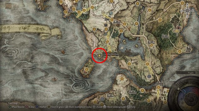 L'emplacement sur la carte du marchand occidental de Limgrave à Elden Ring