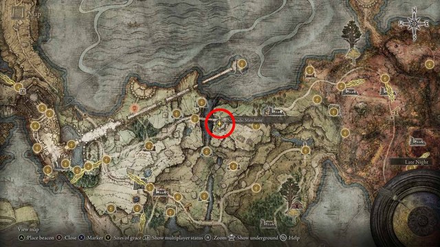 L'emplacement sur la carte du marchand du nord de Limgrave à Elden Ring