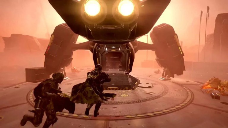 Helldivers extracting from a mission on a shuttle