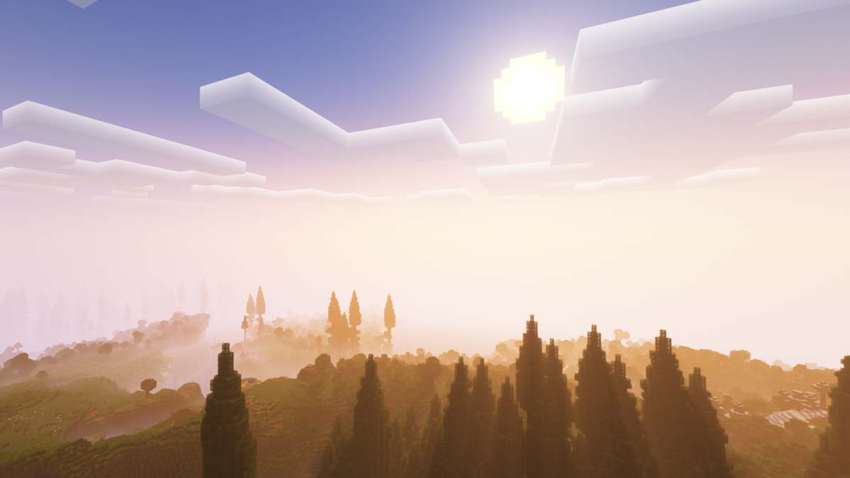 Coucher de soleil sur la forêt dans Minecraft