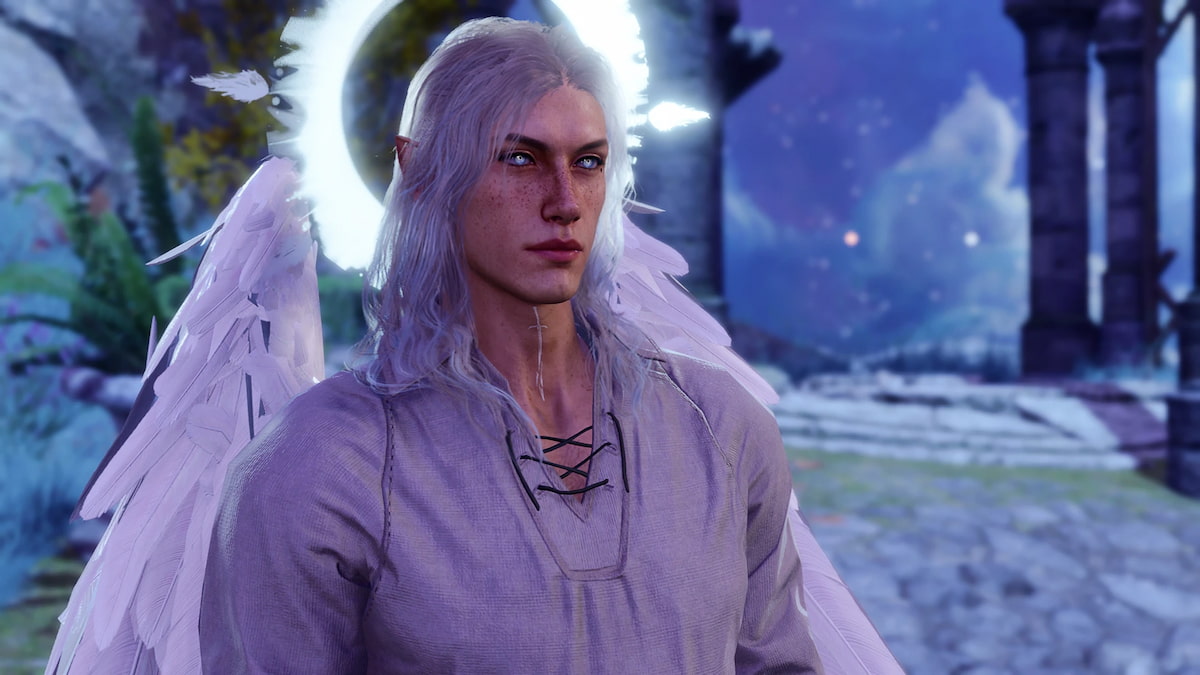 Aasimar humanoïde angélique dans Baldur's Gate 3 avec des cheveux et une peau clairs ainsi que des ailes et un halo