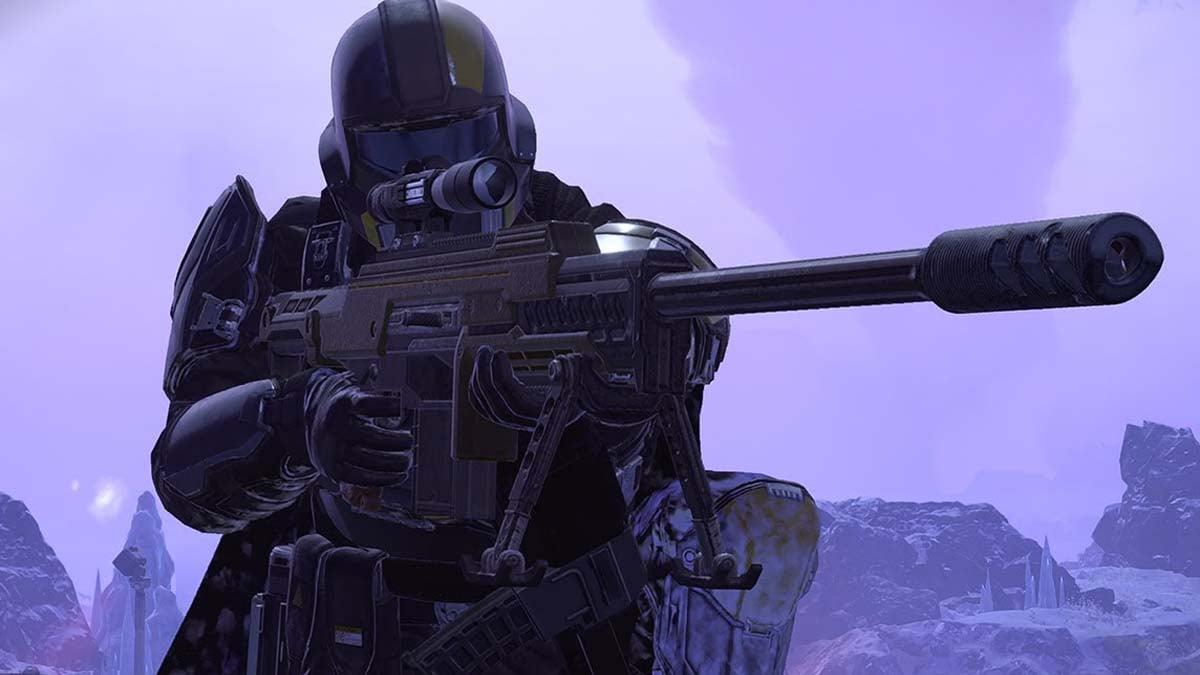 Un personnage lourdement blindé vise son arme dans Helldivers 2