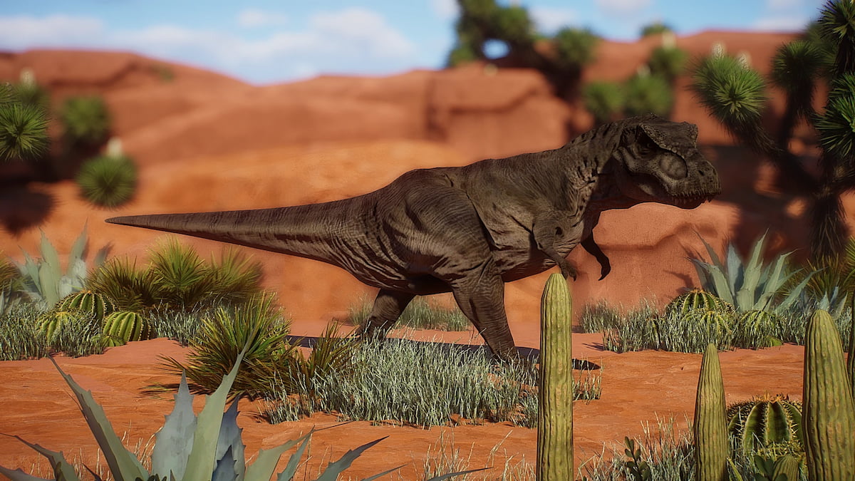 Un grand T-Rex du mod Planet Zoo Tyrannosaurus Rex.