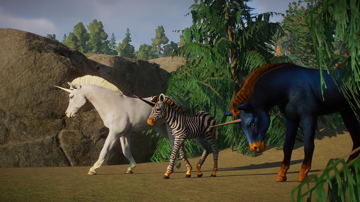 Un groupe de trois licornes du mod Planet Zoo Unicorn.
