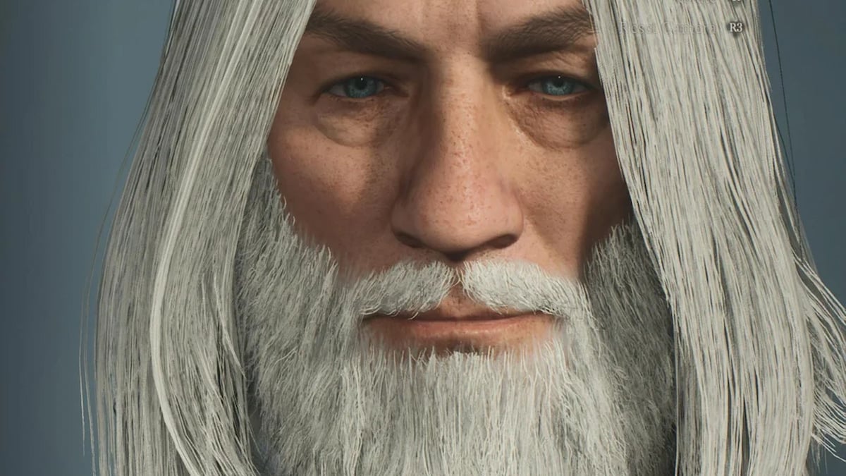 Gros plan sur un personnage qui ressemble à Gandalf du Seigneur des Anneaux.  Des cheveux blancs plus longs qui tombent de chaque côté de son visage, un visage d'apparence mature avec des yeux bleus, un grand nez et une barbe blanche assortie à ses cheveux.