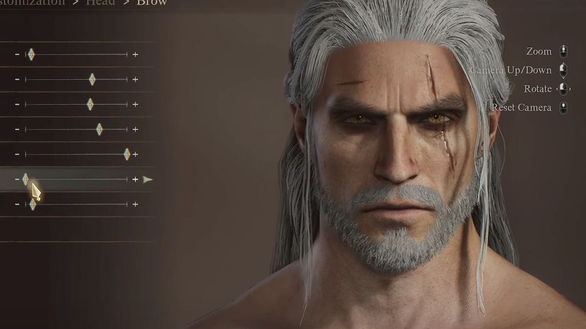 Geralt de Witcher.  Cheveux et barbe blancs, cheveux tirés en arrière, yeux jaunes intenses et cicatrice qui recouvre l'œil gauche