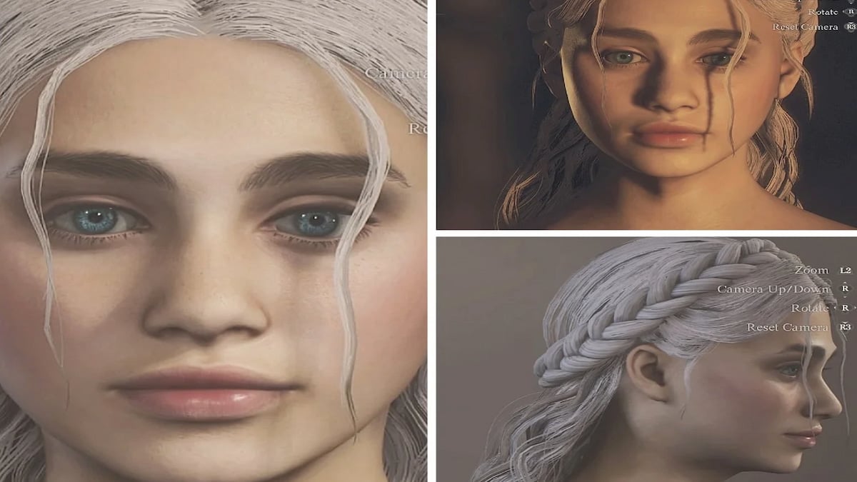 Trois vues différentes d'un personnage ressemblant à Daenerys de Game of Thrones, cheveux blonds blancs tressés en arrière, yeux bleus de biche 