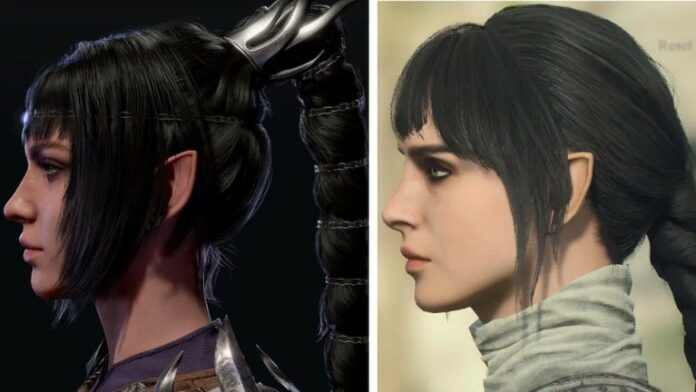 Side by side view of Shadowheart from Baldur's Gate 3. Left is from BG3 and right is a resemblence, having dark black hair with bangs and braid and similar face structure