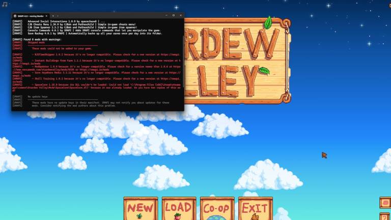 Stardew Valley main menu with black control panel SMAPI box over top of it, listing mods that are not compatible with update