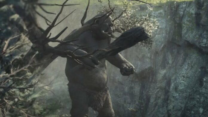 dragons dogma 2 cyclops crashing through the trees in the woods