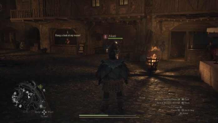 the arisen in dragon's dogma 2 on the vernworth townsquare at night looking at the blacksmith shop