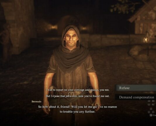 bermudo the cloaked spy in dragon's dogma 2 talking to the player