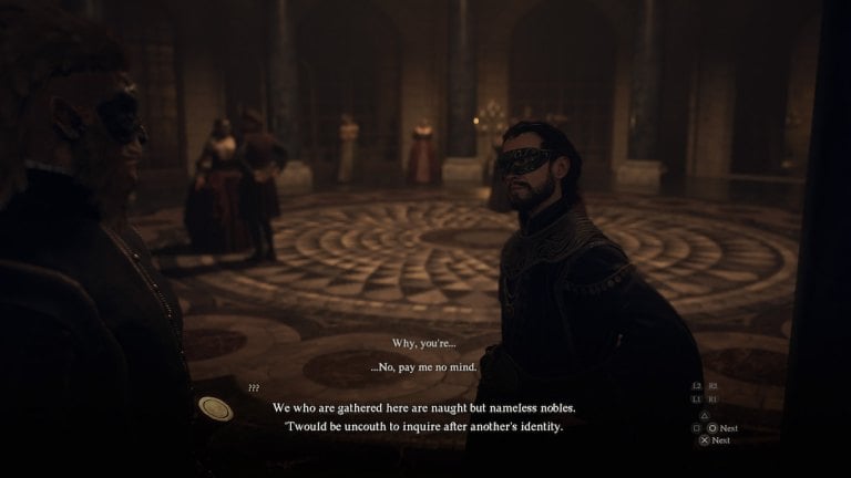 dragons dogma 2 player at a masquerade ball talking to nobles