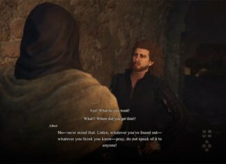 dragons dogma 2 player talking to a main in royal black clothing and frizzled brown hair