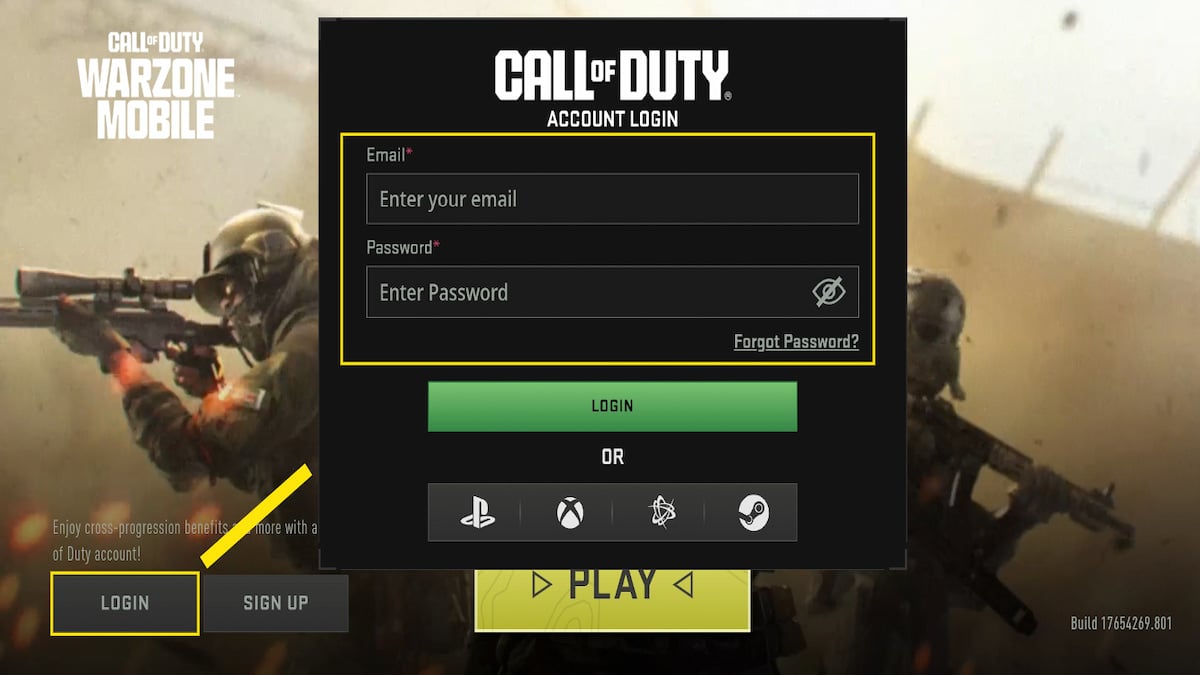 Écran de menu Call of Duty Warzone Mobile avec bouton de connexion entouré en jaune et une ligne jaune pointant vers la boîte de connexion
