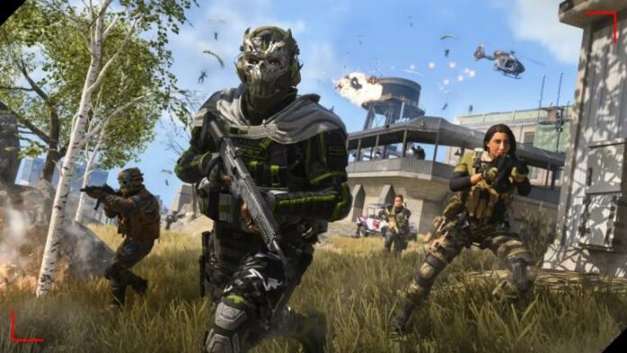 Official poster photo for Warzone Mobile, players with guns running and aiming. One in the front wearing iconic ghost COD mask