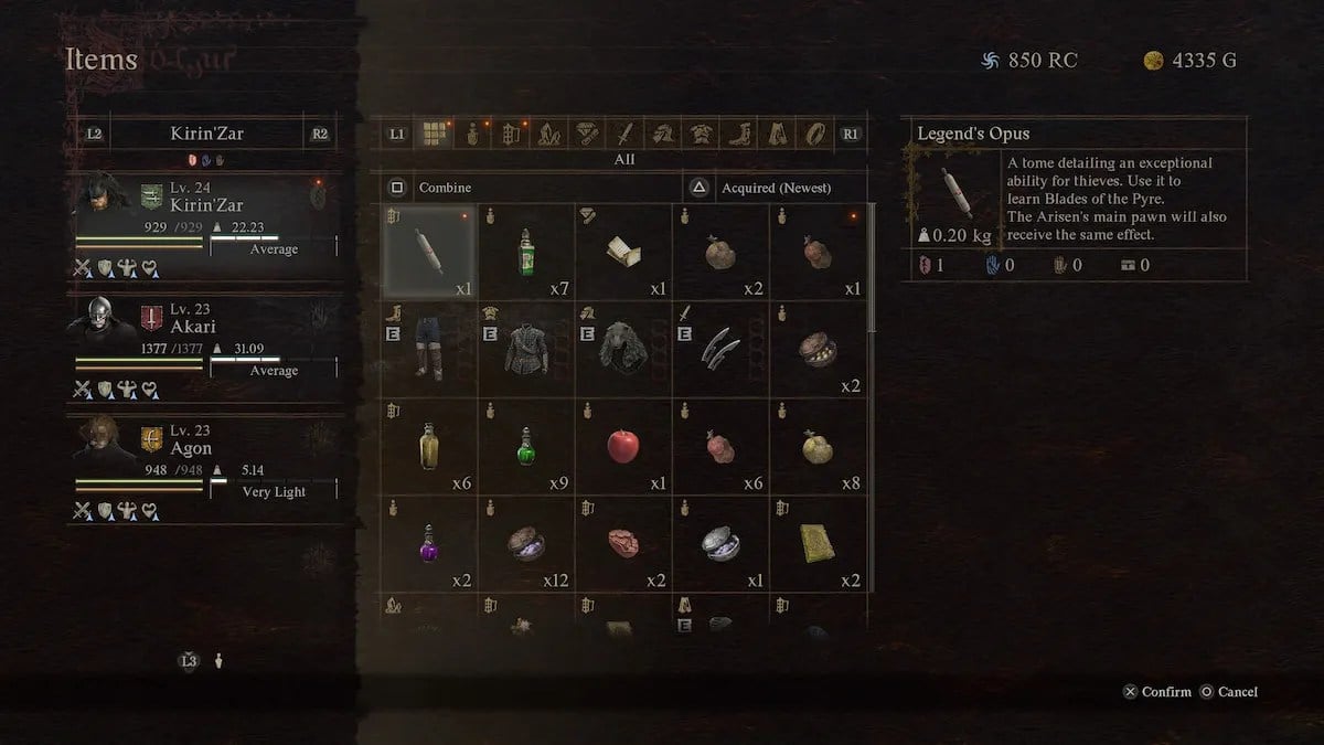 écran d'inventaire du joueur Dragons Dogma 2 avec divers objets