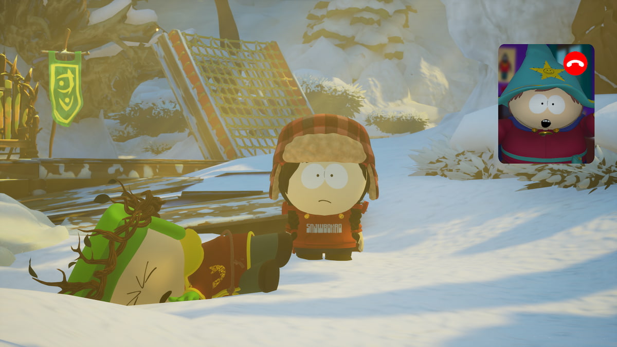Personnage renversé dans la neige, personnage joueur debout à côté d'eux.  Cartman dans le coin supérieur droit lors d'un appel vidéo