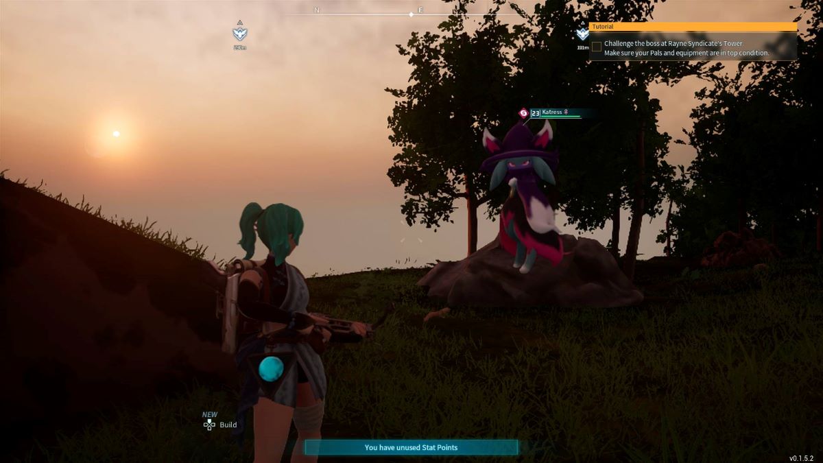 Le joueur voyage avec Katress au coucher du soleil à Palworld