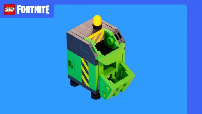 Green compost station on blue background, LEGO Fortnite title in the left corner