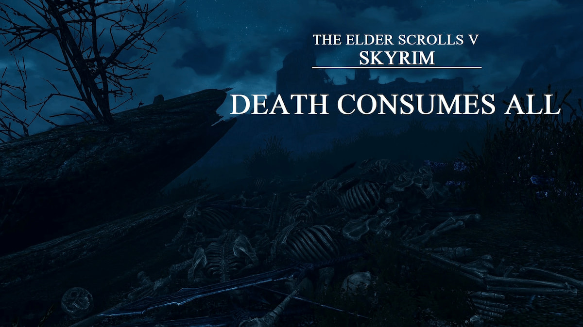 Écran titre d'un paysage sombre et d'ossements empilés au sol avec le titre du mod à l'écran