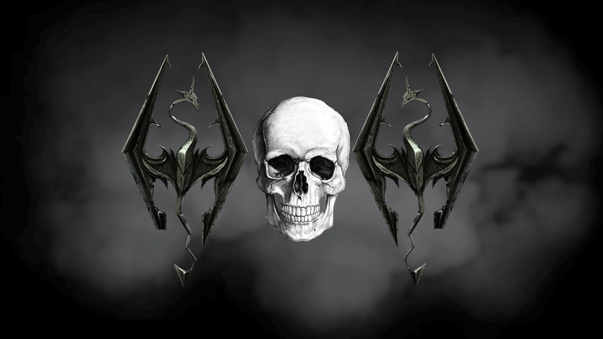 Fond de fumée gris avec deux symboles de dragon Skyrim et un crâne entre les deux