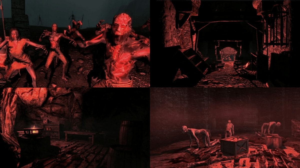 Collage d'images de zombies et d'autres créatures dans un filtre rouge
