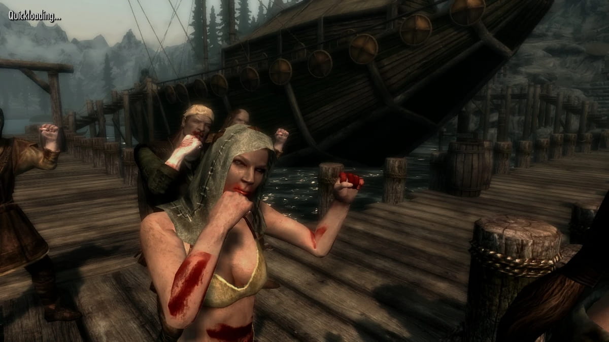 Femme zombie avec les poings sur un quai