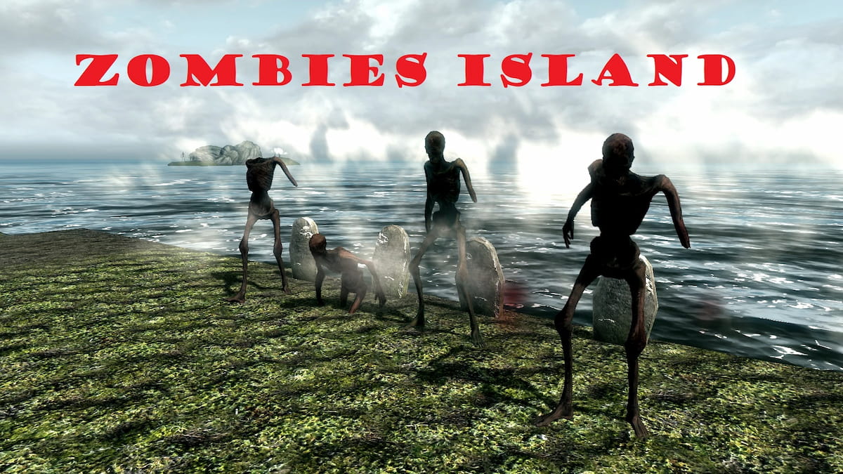 zombies sur une île avec de l'eau en arrière-plan, texte de l'île des zombies en rouge