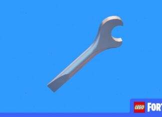 Silver wrench tool on a blue background, LEGO Fortnite title on the bottom right