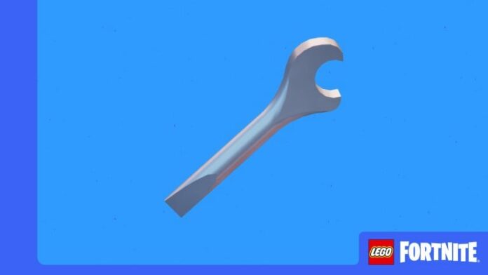 Silver wrench tool on a blue background, LEGO Fortnite title on the bottom right