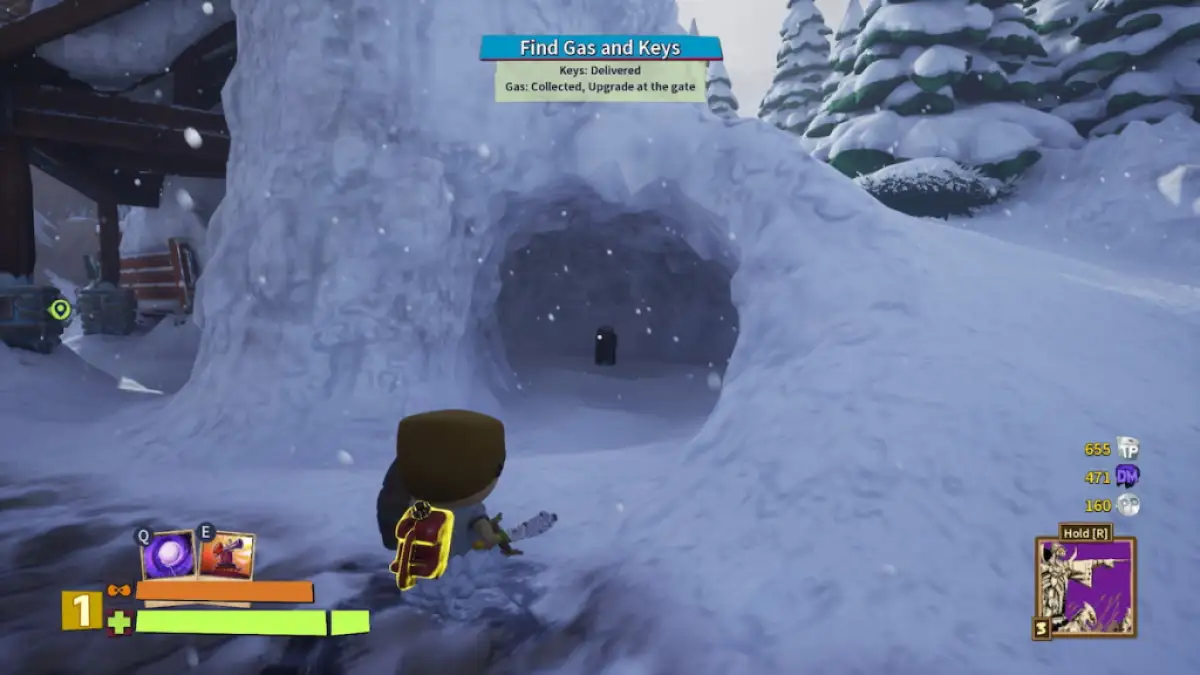 Joueur debout devant un petit tunnel de neige regardant un sac à dos lors de la Journée de neige de South Park
