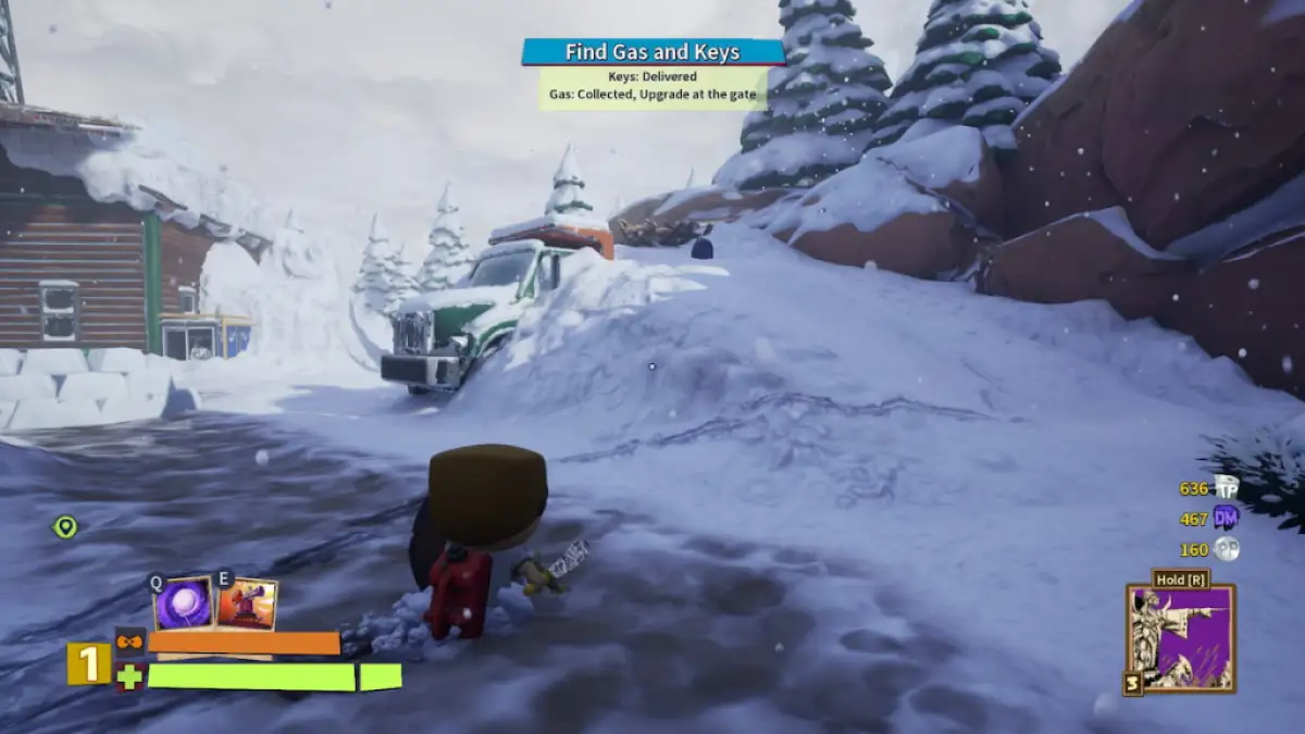 Joueur regardant le sac à dos placé au sommet d'une pente derrière un camion lors de la Journée de neige de South Park