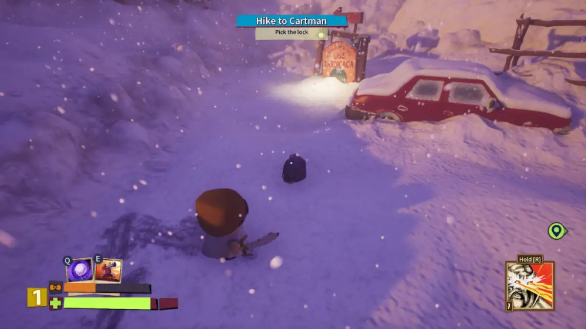 Joueur regardant un sac à dos près d'une voiture enneigée lors de la Journée de neige de South Park