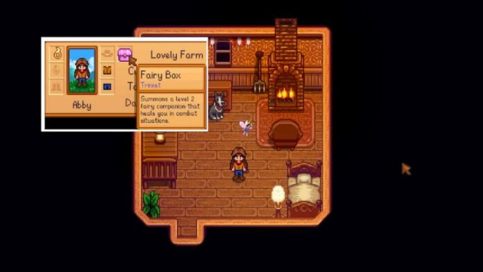 Meadowlands farmhouse with player with a summoned fairy beside them, pop up image beside it of player equipped trinket of the fairy box