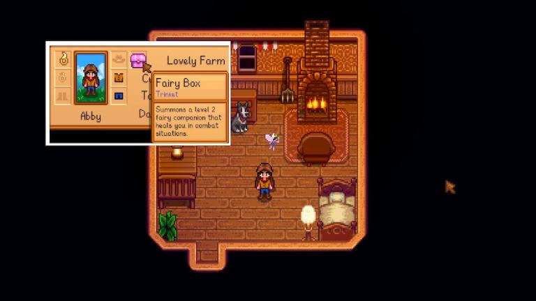 Meadowlands farmhouse with player with a summoned fairy beside them, pop up image beside it of player equipped trinket of the fairy box