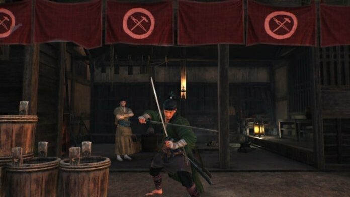 Ronin holding his swords in front of the Blacksmith
