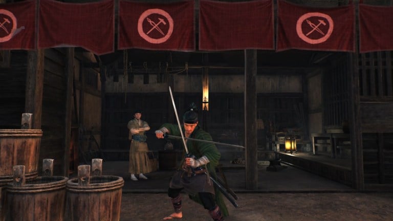 Ronin holding his swords in front of the Blacksmith