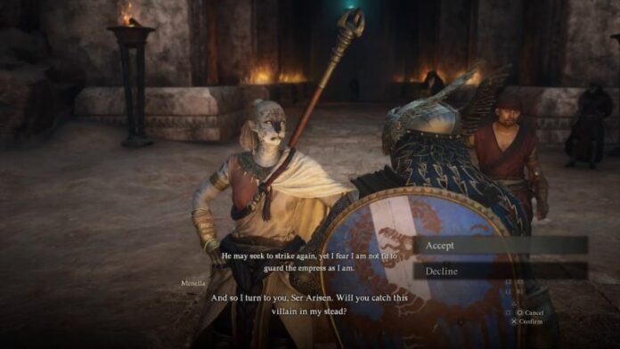 the player talking to ser manella the catfolk knight in dragon's dogma 2