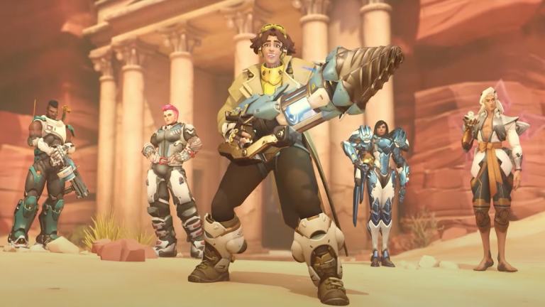 Venture holding her drill and Baptise, Zarya, Pharah, and Lifeweaver standing behind her