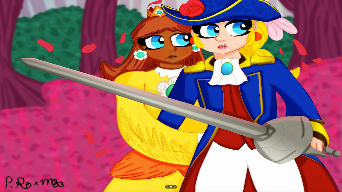 Art of Swordfighter Peach sauvant Daisy avec son épée tendue