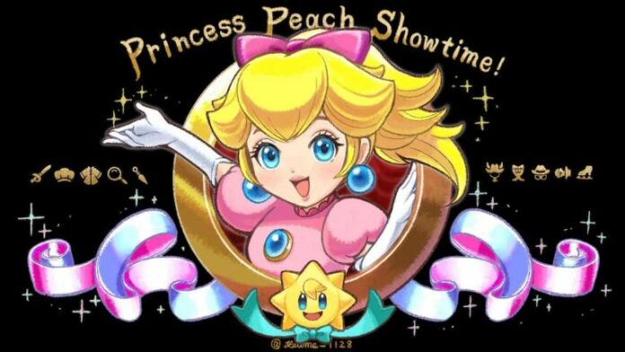 Art of Princess Peach in a title screen with banners and star under her and title of the game above