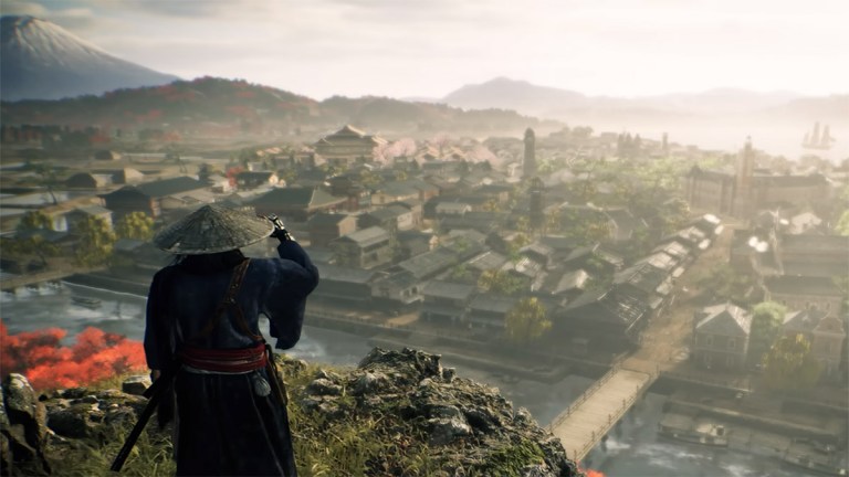 rise of the ronin player enjoying a summer landscape valley with a city and mountains in the distance